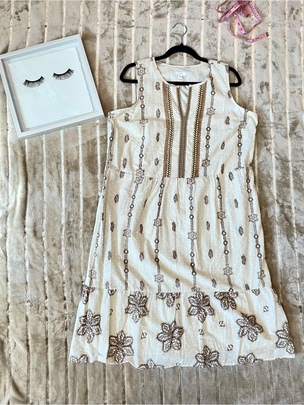 J. Jill Ivory Embroidered Boho Peasant Top with Olive and Tan Accents